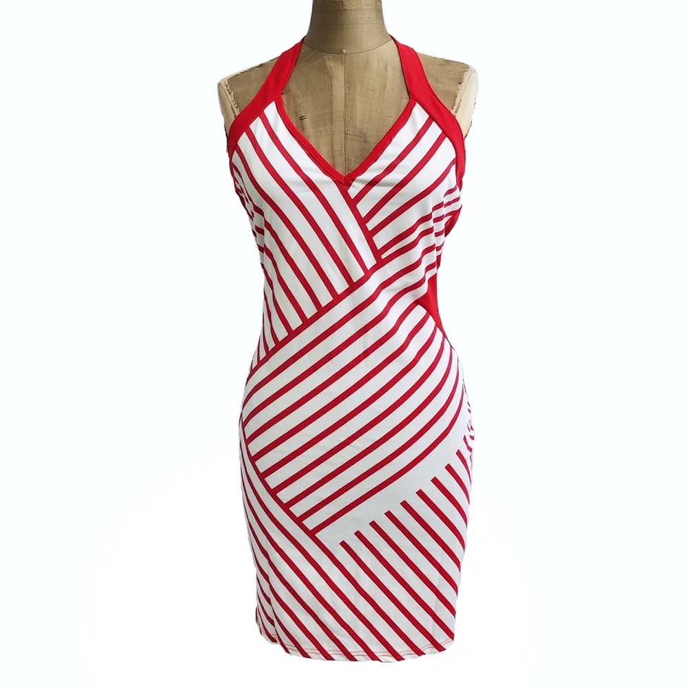 -NEW- Chic RED white striped mini stretchy dress - Picture 3 of 8